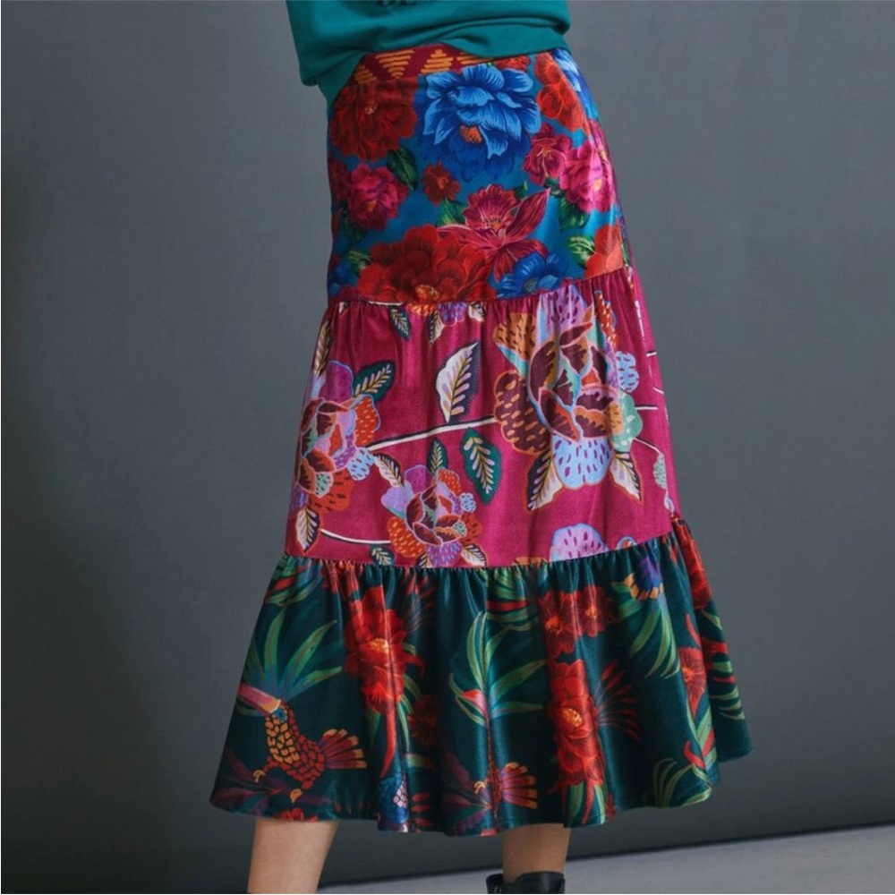 Farm RIO Floral Tiered Midi Skirt in Multi Pink
